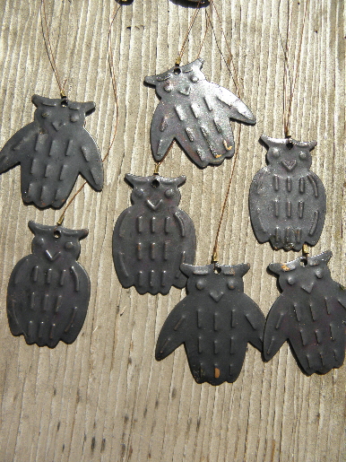 Vintage Halloween owl wind chimes, metal owls w/ antique copper finish