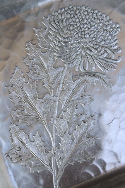 vintage hammered aluminum tray, chrysanthemum pattern Continental hand forged metal