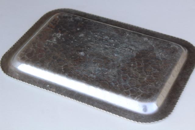 vintage hammered aluminum tray, chrysanthemum pattern Continental hand forged metal