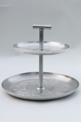 Vintage hammered aluminum two-tiered plate, sandwich serving tray w/ center handle