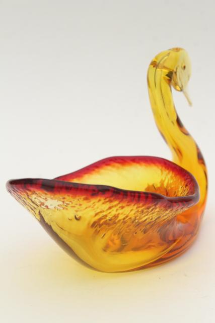 vintage hand blown art glass swan dish, amberina amber glass, fall wedding decor