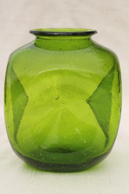 vintage hand blown pinch glass bottle vase, small weed pot shape green bubble glass