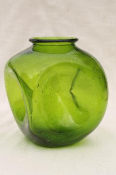 vintage hand blown pinch glass bottle vase, small weed pot shape green bubble glass