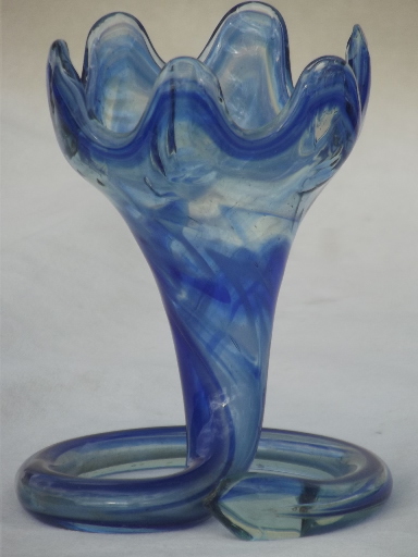 Vintage hand-blown Italian art glass trumpet vase in cobalt blue slag glass