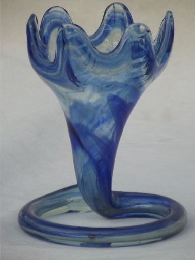 Vintage hand-blown Italian art glass trumpet vase in cobalt blue slag glass