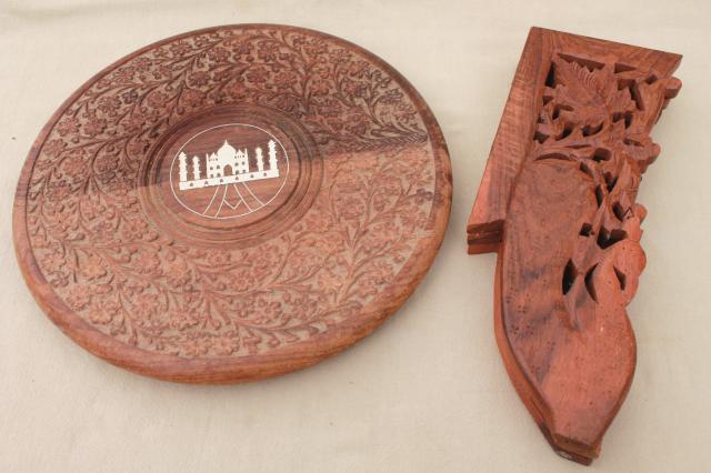 vintage hand-carved Indian sheesham wood table w/ folding stand, Taj Mahal inlay design