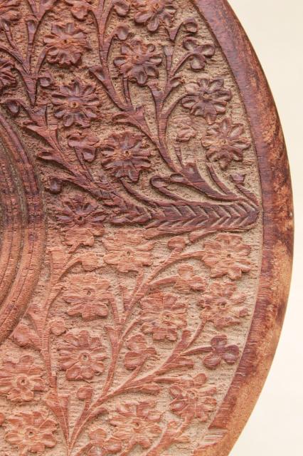 vintage hand-carved Indian sheesham wood table w/ folding stand, Taj Mahal inlay design