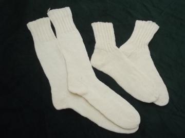 Vintage hand-knitted socks, creamy white wool knit boot socks