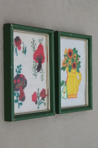 Vintage hand-stitched yarn embroidery pictures, funky flowers & mushrooms in mini frames