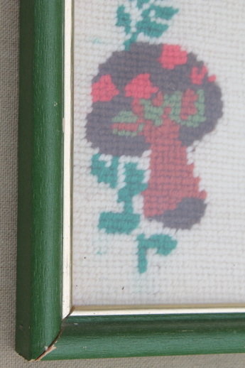 Vintage hand-stitched yarn embroidery pictures, funky flowers & mushrooms in mini frames