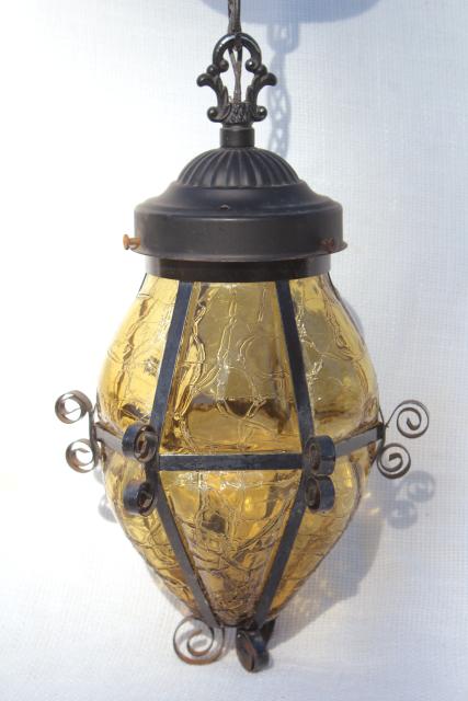 vintage hanging lamp w/ amber glass shade, wrought iron lantern pendant light fixture