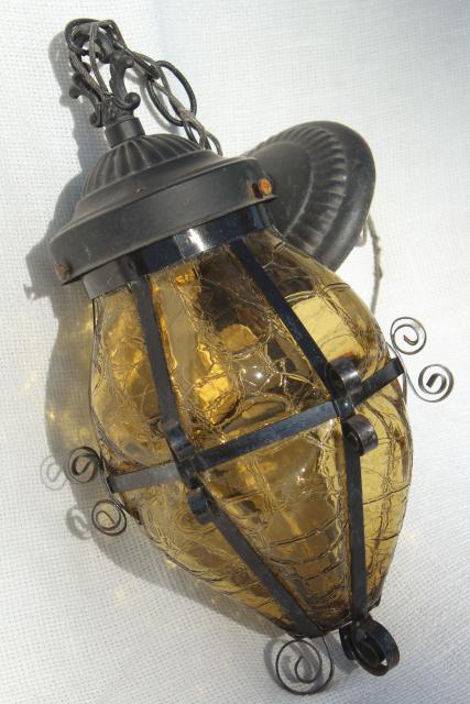 vintage hanging lamp w/ amber glass shade, wrought iron lantern pendant light fixture