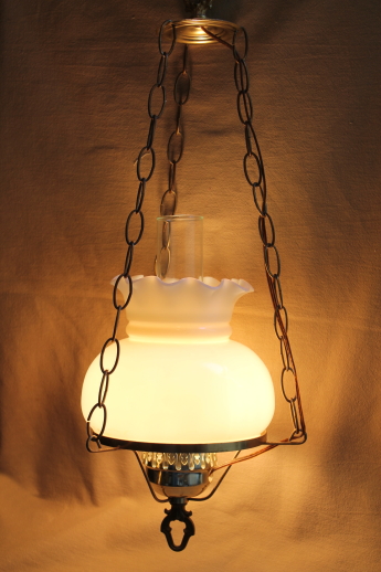 Vintage hanging light w/ hurricane chimney & milk glass shade, swag lamp chain & cord