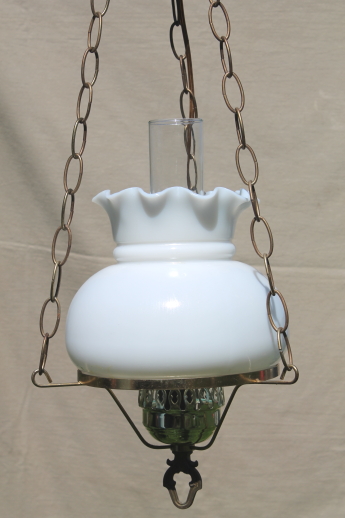 Vintage hanging light w/ hurricane chimney & milk glass shade, swag lamp chain & cord