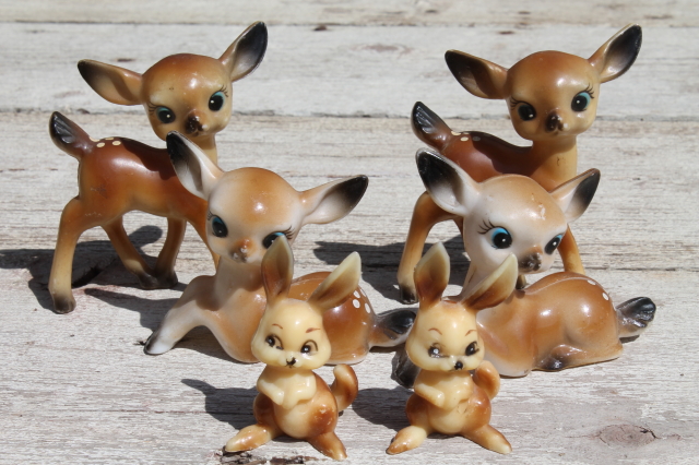 Vintage hard plastic deer & bunny rabbits, toy animals or holiday decorations