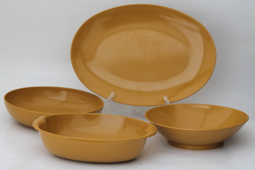 Vintage harvest gold melmac serving dishes, mod bowls & platter, 70s retro!