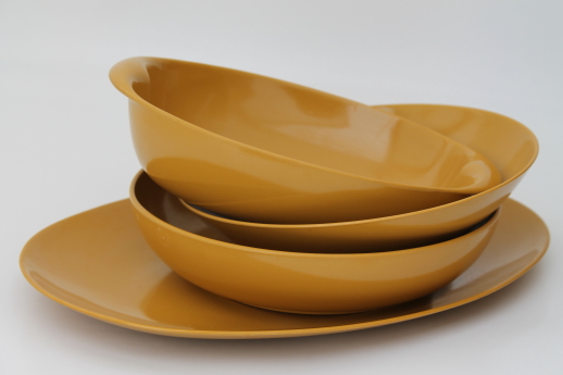 Vintage harvest gold melmac serving dishes, mod bowls & platter, 70s retro!