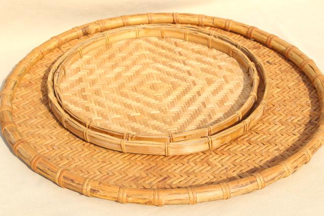 vintage herb drying baskets, round flat woven bamboo trays in graduated sizes