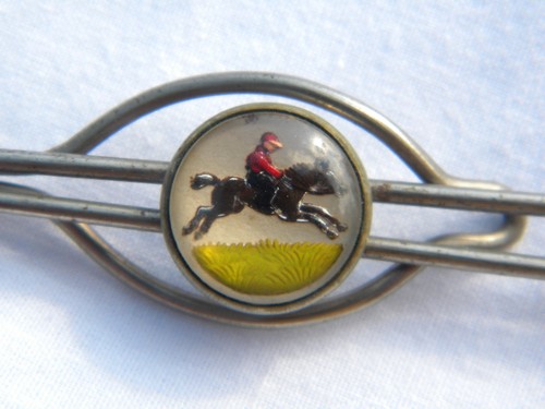 Vintage horse & jockey racing tie bar/money clip reverse painted intaglio