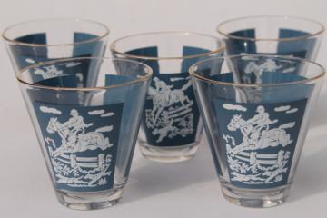 vintage hunt scene drinking glasses, jasperware blue & white print Jeannette glass