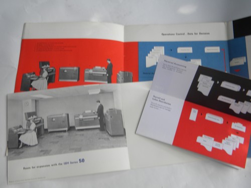 Vintage IBM manual & advertising for punch card machine, mid century office