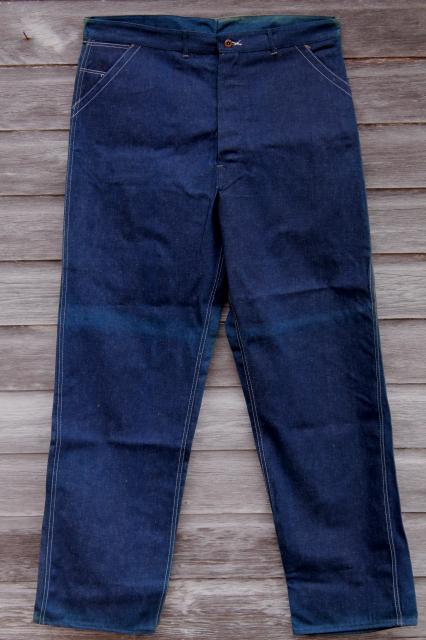 vintage indigo blue denim jeans, Wards Super Powr House work wear, stiff as board new old stock
