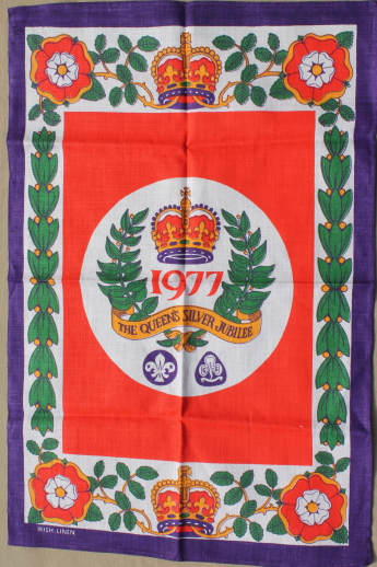 Vintage Irish linen tea towels, Queen's Silver Jubilee collectables, never used