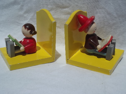 Vintage Irmi painted wood bookends, puppet doll children reading books