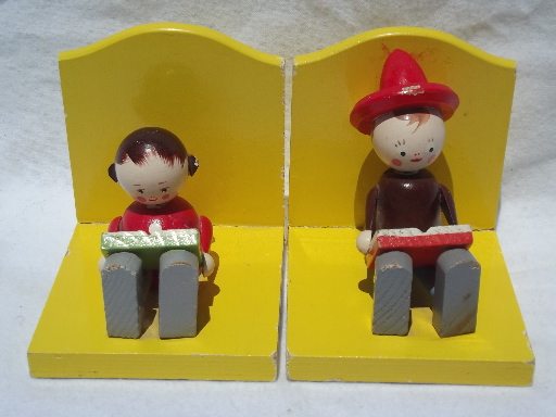 Vintage Irmi painted wood bookends, puppet doll children reading books