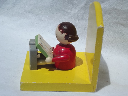 Vintage Irmi painted wood bookends, puppet doll children reading books
