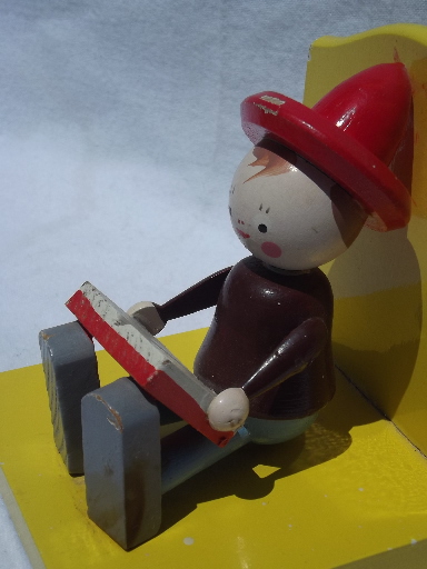 Vintage Irmi painted wood bookends, puppet doll children reading books