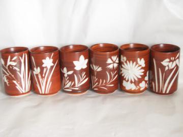 Vintage Japan incised porcelain china tea glasses, brown cut to white
