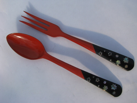 Vintage Japan lacquerware, red & black salad servers, spoon & fork w/ abalone shell