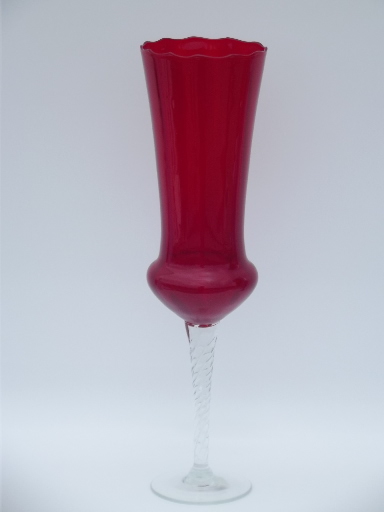 Vintage Japan ruby red goblet vase, murano style twisted crystal stem