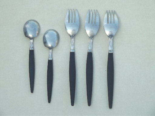 Vintage Japan stainless flatware w/ mod black handles, MCM silverware lot