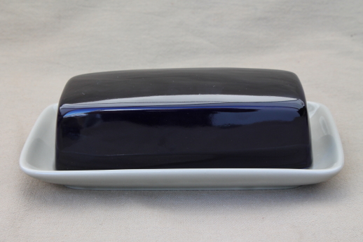 Vintage Japan stoneware pottery, cobalt  blue / tan butter dish and S&P shakers