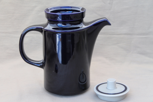 Vintage Japan stoneware pottery coffee pot,cobalt blue / tan tall coffeepot