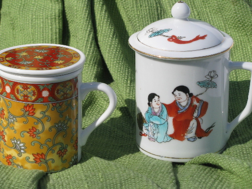 Vintage Japanese and Chinese patterned china tea cup w/ lid, mug w/ cover