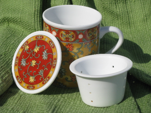 Vintage Japanese and Chinese patterned china tea cup w/ lid, mug w/ cover