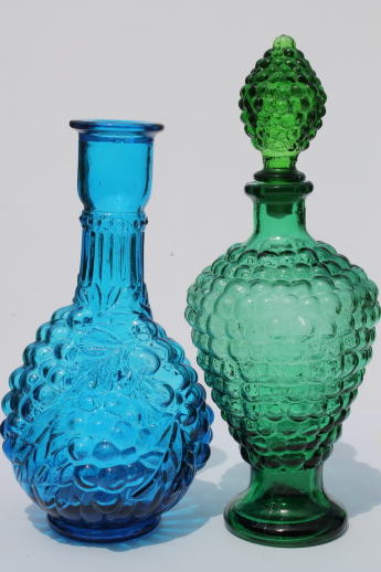 Vintage Jim Beam colored glass genie bottles, blue & green glass decanters lot