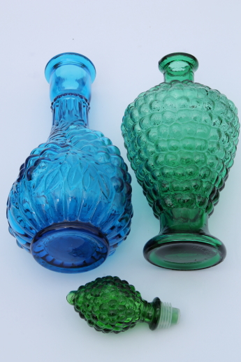 Vintage Jim Beam colored glass genie bottles, blue & green glass decanters lot