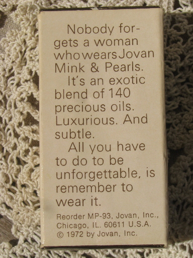 Vintage Jovan perfume, Mink and Pearls in original box dated 1972