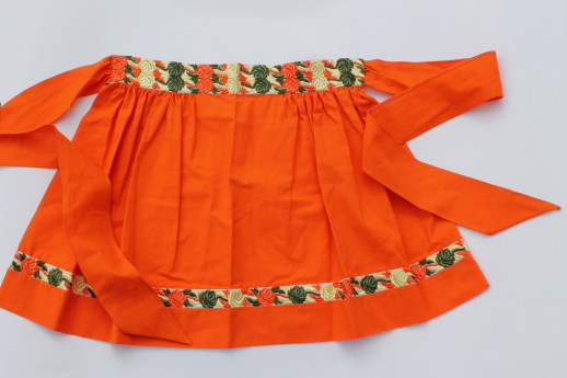 Vintage kitchen aprons w/ embroidered trim, retro aprons in orange, aqua, yellow