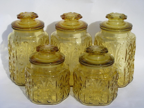 Vintage kitchen canisters, amber glass canister jars set w/ airtight seals