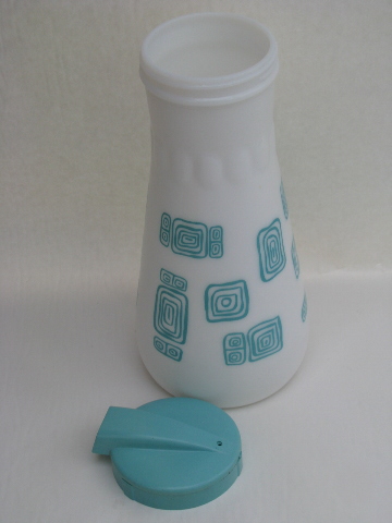 Vintage kitchen glass refrigerator juice bottle or water carafe, mod aqua / white
