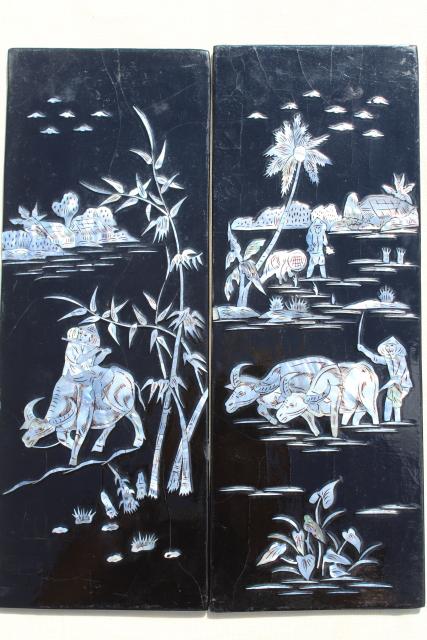 vintage lacquer ware wall art panels, glossy black wood w/ mother of pearl shell inlay scene