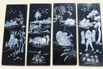 vintage lacquer ware wall art panels, glossy black wood w/ mother of pearl shell inlay scene