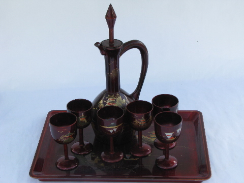 Vintage lacquerware decanter / glasses / tray set, red lacquer w/ hand-painted gold