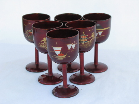 Vintage lacquerware decanter / glasses / tray set, red lacquer w/ hand-painted gold