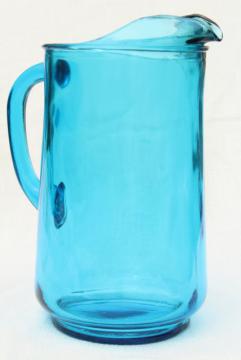 vintage laser blue Anchor Hocking glass pitcher, retro lemonade pitcher